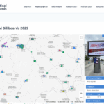 LED political campaign billboard in Skopje, North Macedonia showing election results 2025.